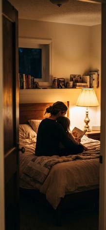 A parent reading a bedtime story to their child